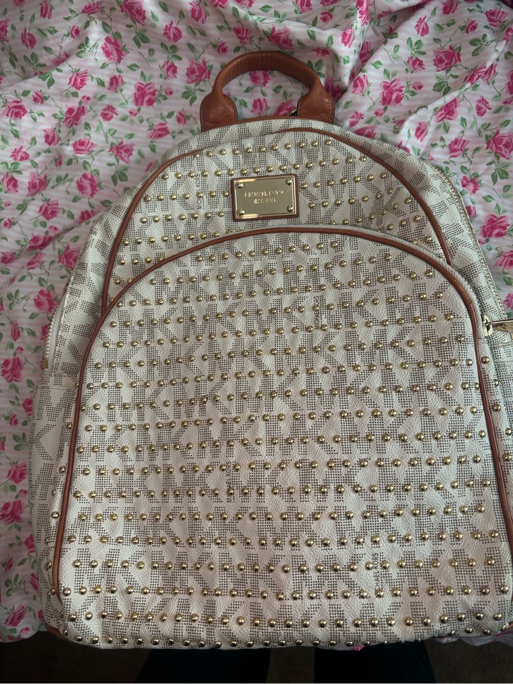 Michael Kors Cream and Tan Studded Backpack with Gold Hardware